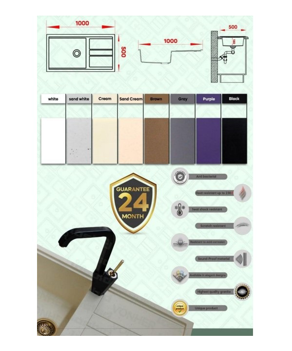 سینک ظرفشویی گرانیتی 444 کرم شنی تک لگن سینی دار ونهر VONHER 12*F14