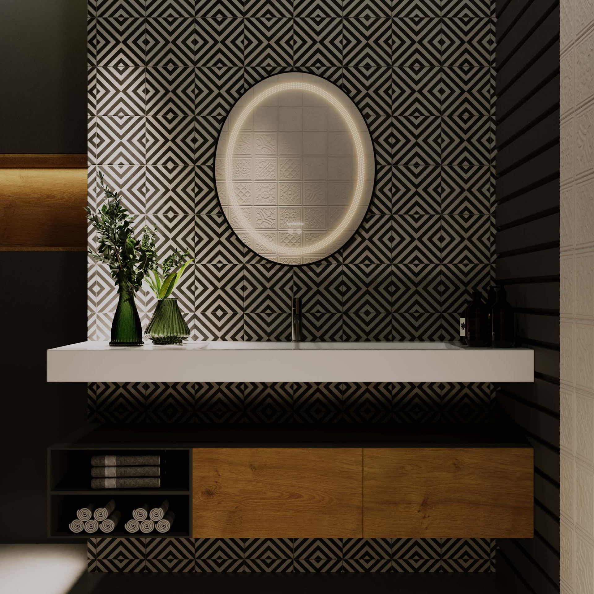 آینه ضد بخار بدون قاب نقطه ای بیضی نور دور آفتابی سایز 55*66 گلسموند GLASS MOND 12*لاله3