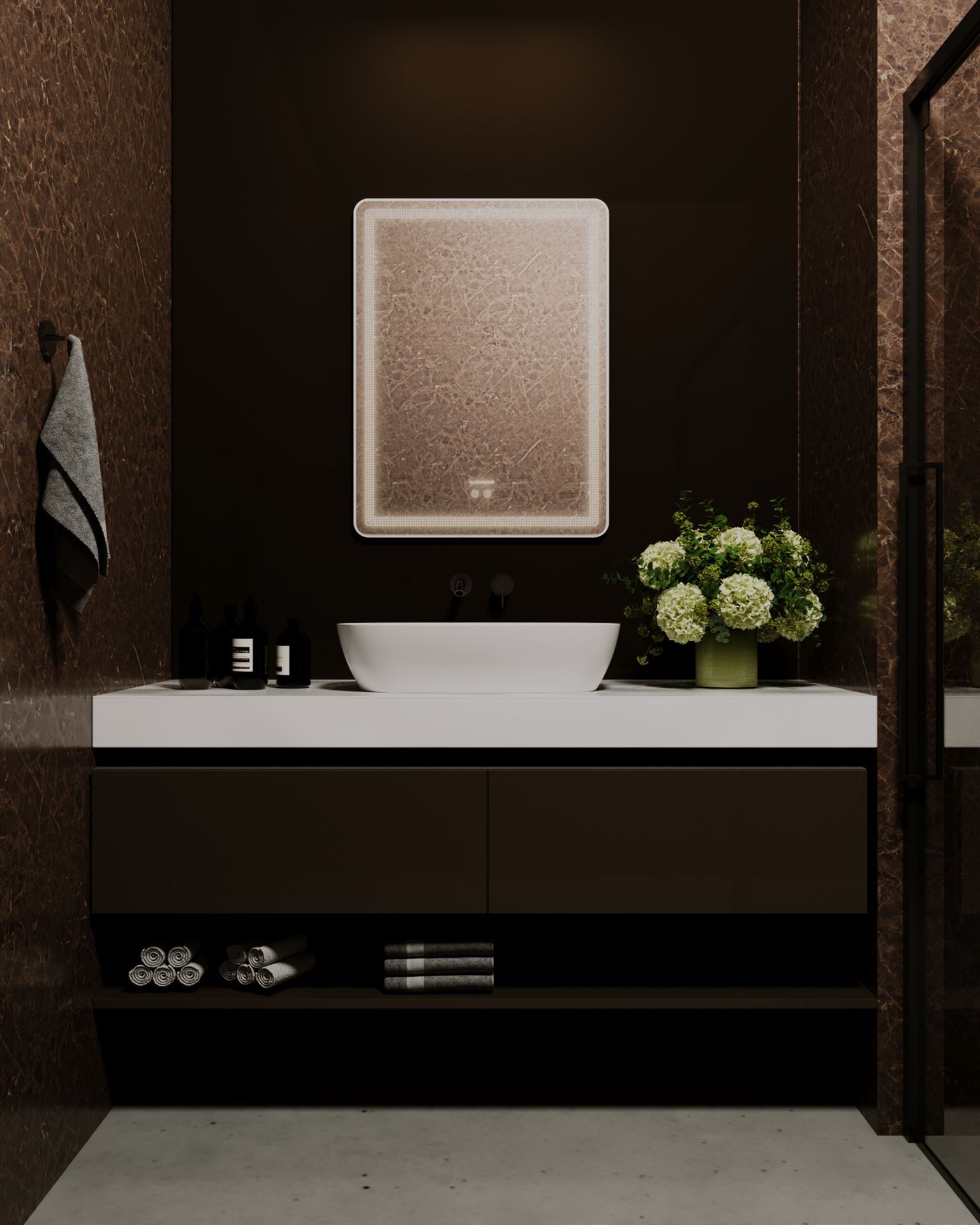 آینه ضد بخار مستطیل عمودی نور دور آفتابی خطی سایز 55*67 گلسموند GLASS MOND 12*L15