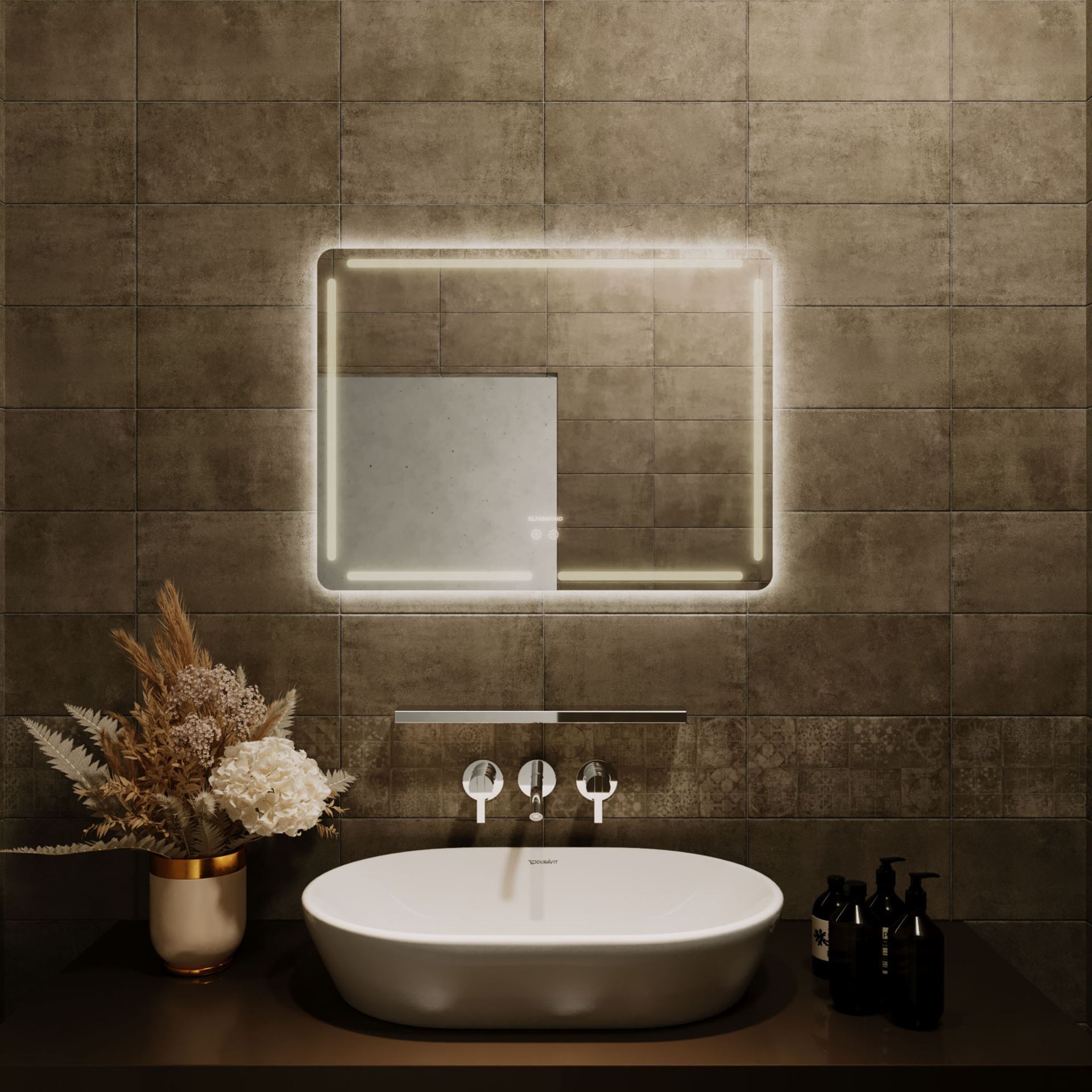 آینه ضد بخار بدون قاب مستطیل افقی نور دور مهتابی خطی سایز 55*67 گلسموند GLASS MOND 12*L8