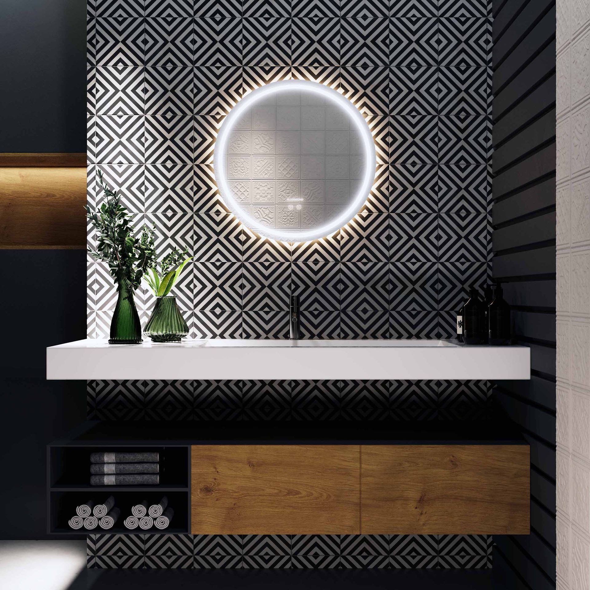 آینه ضد بخار دایره نور دور مهتابی نور پشت آفتابی خطی سایز 70 گلسموند GLASS MOND 12*L15
