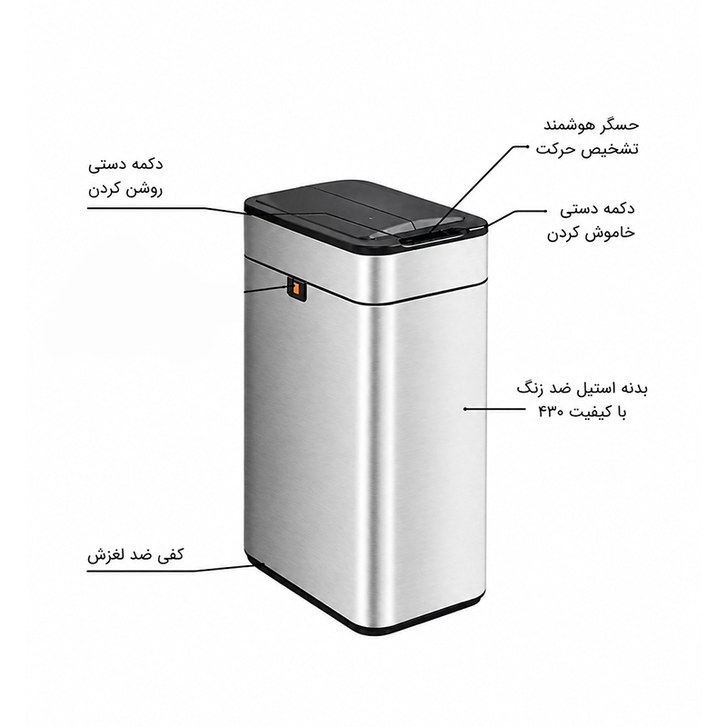 سطل زباله 40 لیتری باسنسور با درب پروانه ای با سطل داخلی مدل HTD 527-40L پرایم PRIME 